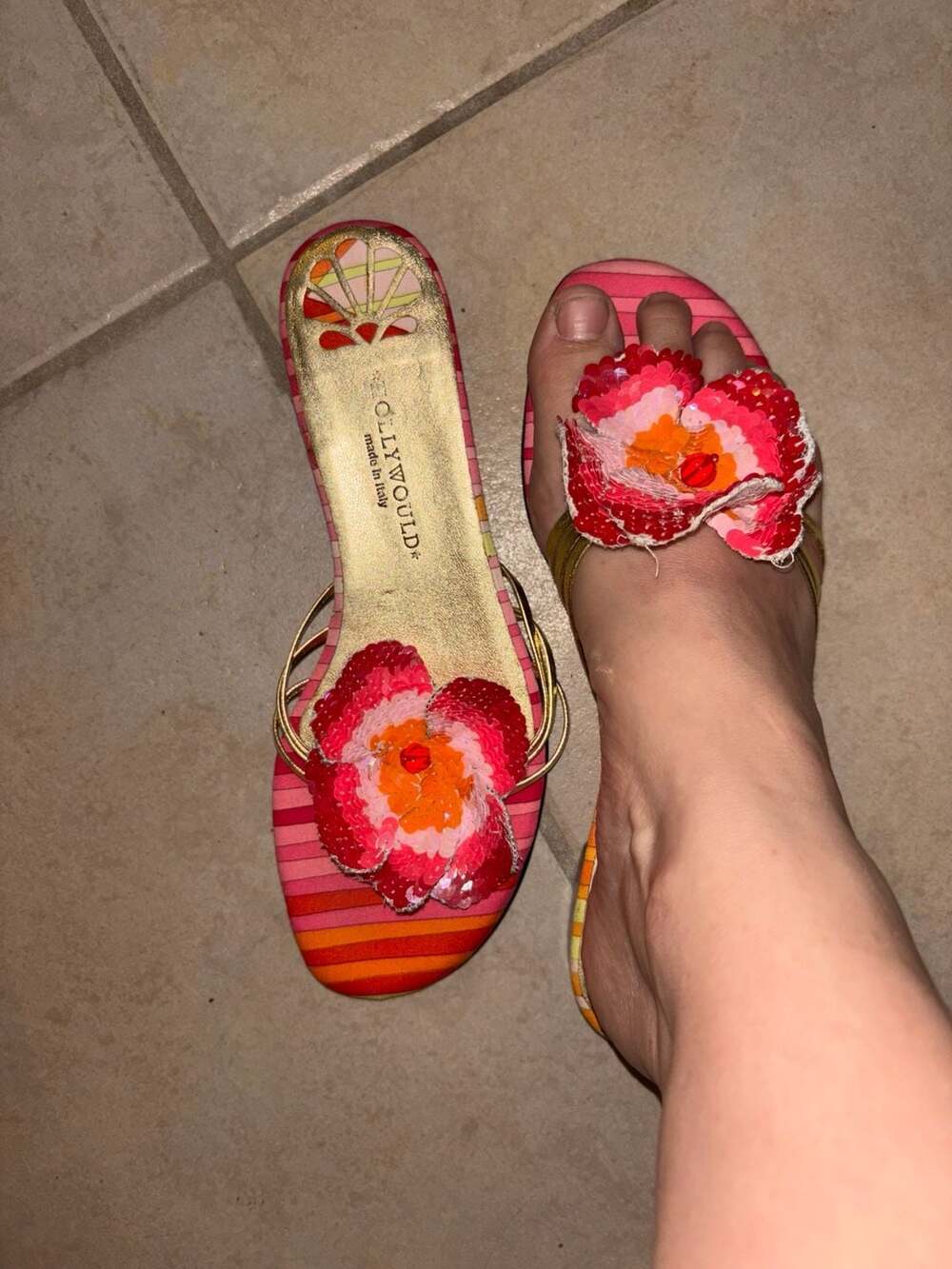 Hollywould Pink Striped Sequin Flower Flat Sandals Size 38